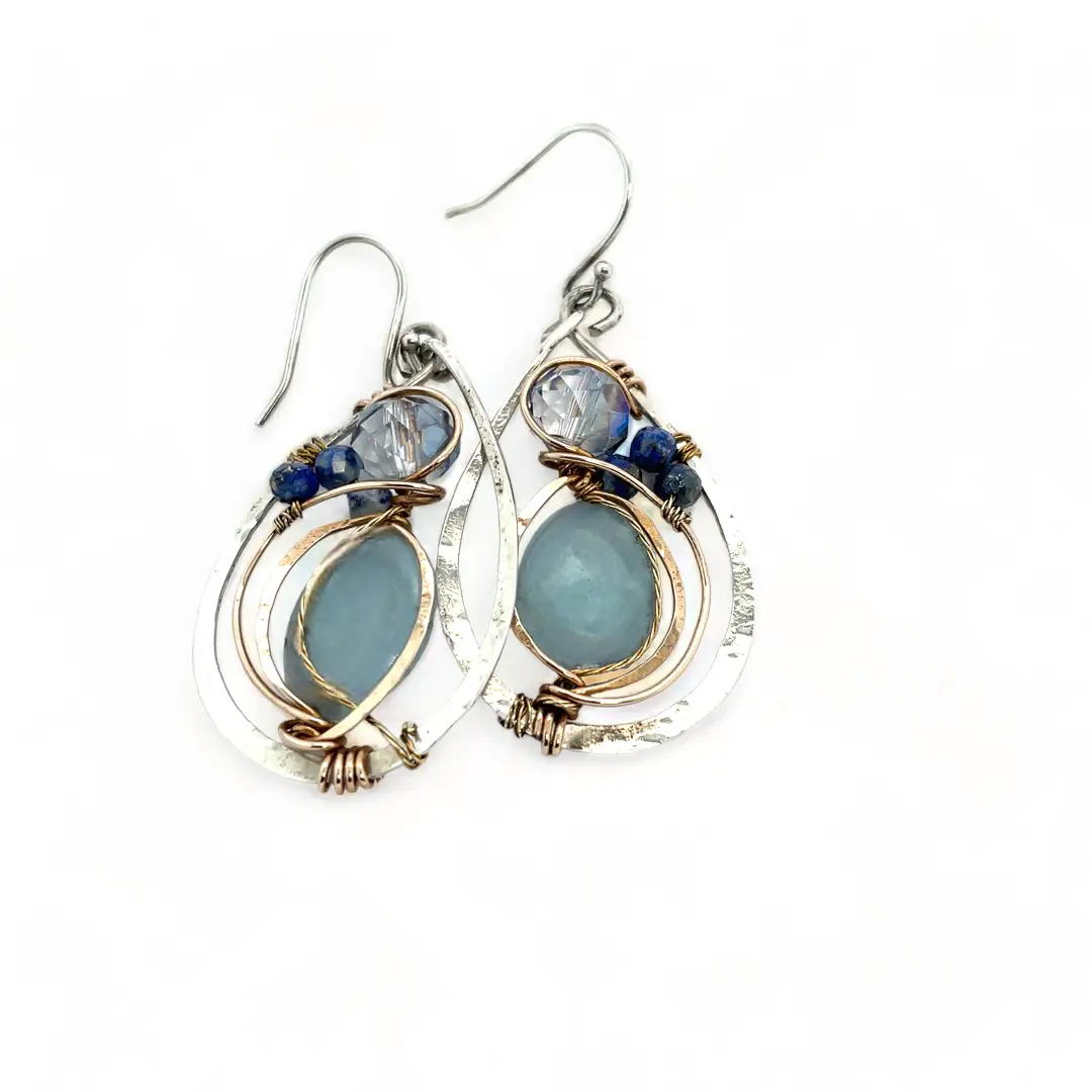Handmade sterling silver drop earrings with smooth amazonite oval gemstones with blue crystal and lapis accents in bronze wire