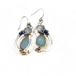 Handmade sterling silver drop earrings with smooth amazonite oval gemstones with blue crystal and lapis accents in bronze wire