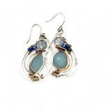 Handmade sterling silver drop earrings with smooth amazonite oval gemstones with blue crystal and lapis accents in bronze wire