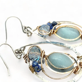 Handmade sterling silver drop earrings with smooth amazonite oval gemstones with blue crystal and lapis accents in bronze wire
