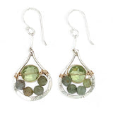 A pair of sterling silver drop earrings with faceted green kyanite gemstones and green amethyst coins, held on bar chain stems.