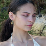 Tree stamped brass semi circle earrings embellished with green amethyst coins, prehnite, emerald, crystal, and african brass beads wrapped in gold filled wire with built in sterling silver earring hooks that wear like a post earring