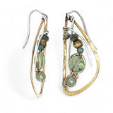 Tree stamped brass semi circle earrings embellished with green amethyst coins, prehnite, emerald, crystal, and african brass beads wrapped in gold filled wire with built in sterling silver earring hooks that wear like a post earring