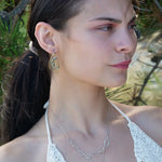 Tree stamped brass semi circle earrings embellished with green amethyst coins, prehnite, emerald, crystal, and african brass beads wrapped in gold filled wire with built in sterling silver earring hooks that wear like a post earring