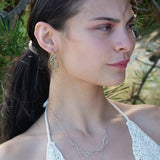 Tree stamped brass semi circle earrings embellished with green amethyst coins, prehnite, emerald, crystal, and african brass beads wrapped in gold filled wire with built in sterling silver earring hooks that wear like a post earring