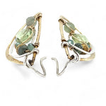 Tree stamped brass semi circle earrings embellished with green amethyst coins, prehnite, emerald, crystal, and african brass beads wrapped in gold filled wire with built in sterling silver earring hooks that wear like a post earring