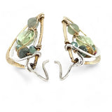 Tree stamped brass semi circle earrings embellished with green amethyst coins, prehnite, emerald, crystal, and african brass beads wrapped in gold filled wire with built in sterling silver earring hooks that wear like a post earring