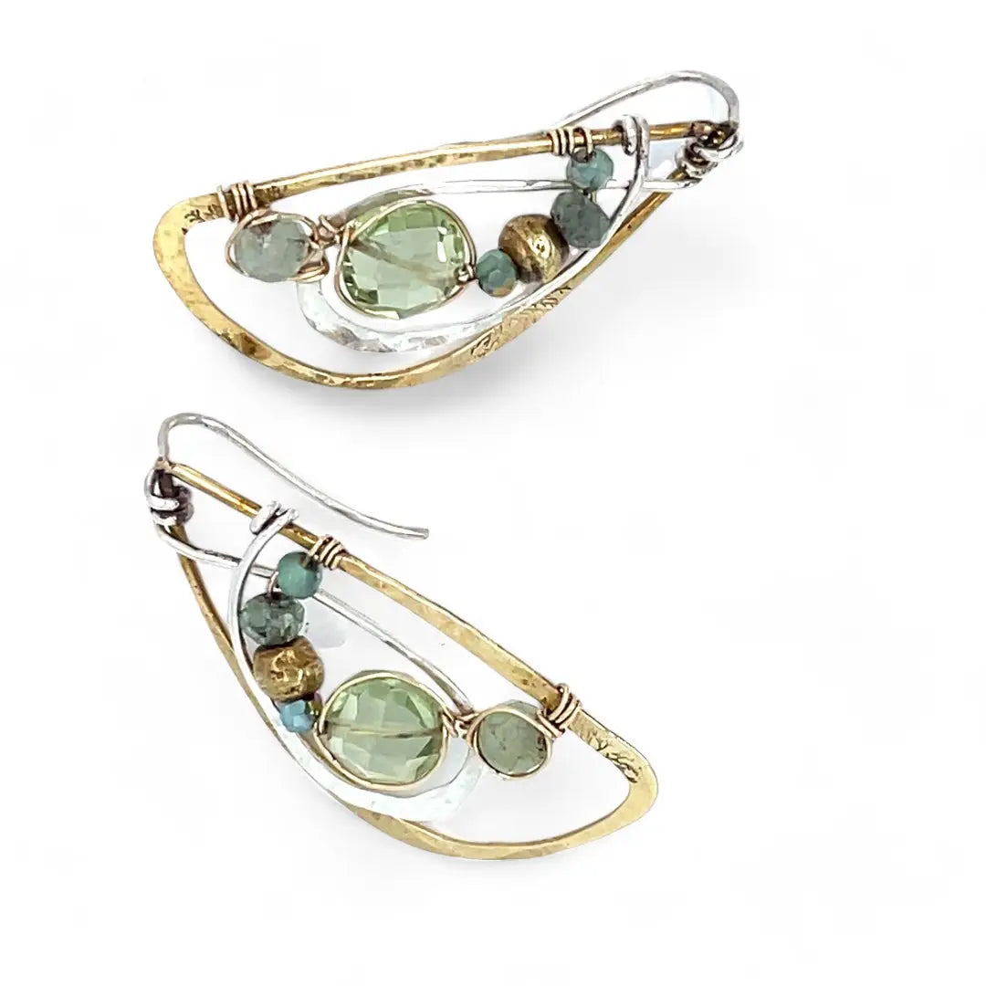 Tree stamped brass semi circle earrings embellished with green amethyst coins, prehnite, emerald, crystal, and african brass beads wrapped in gold filled wire with built in sterling silver earring hooks that wear like a post earring
