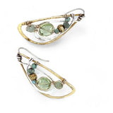 Tree stamped brass semi circle earrings embellished with green amethyst coins, prehnite, emerald, crystal, and african brass beads wrapped in gold filled wire with built in sterling silver earring hooks that wear like a post earring