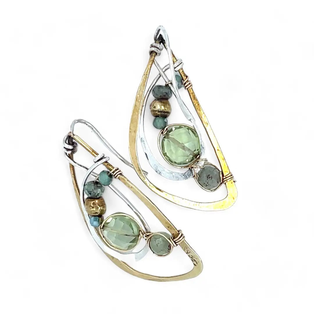 Tree stamped brass semi circle earrings embellished with green amethyst coins, prehnite, emerald, crystal, and african brass beads wrapped in gold filled wire with built in sterling silver earring hooks that wear like a post earring