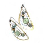 Tree stamped brass semi circle earrings embellished with green amethyst coins, prehnite, emerald, crystal, and african brass beads wrapped in gold filled wire with built in sterling silver earring hooks that wear like a post earring