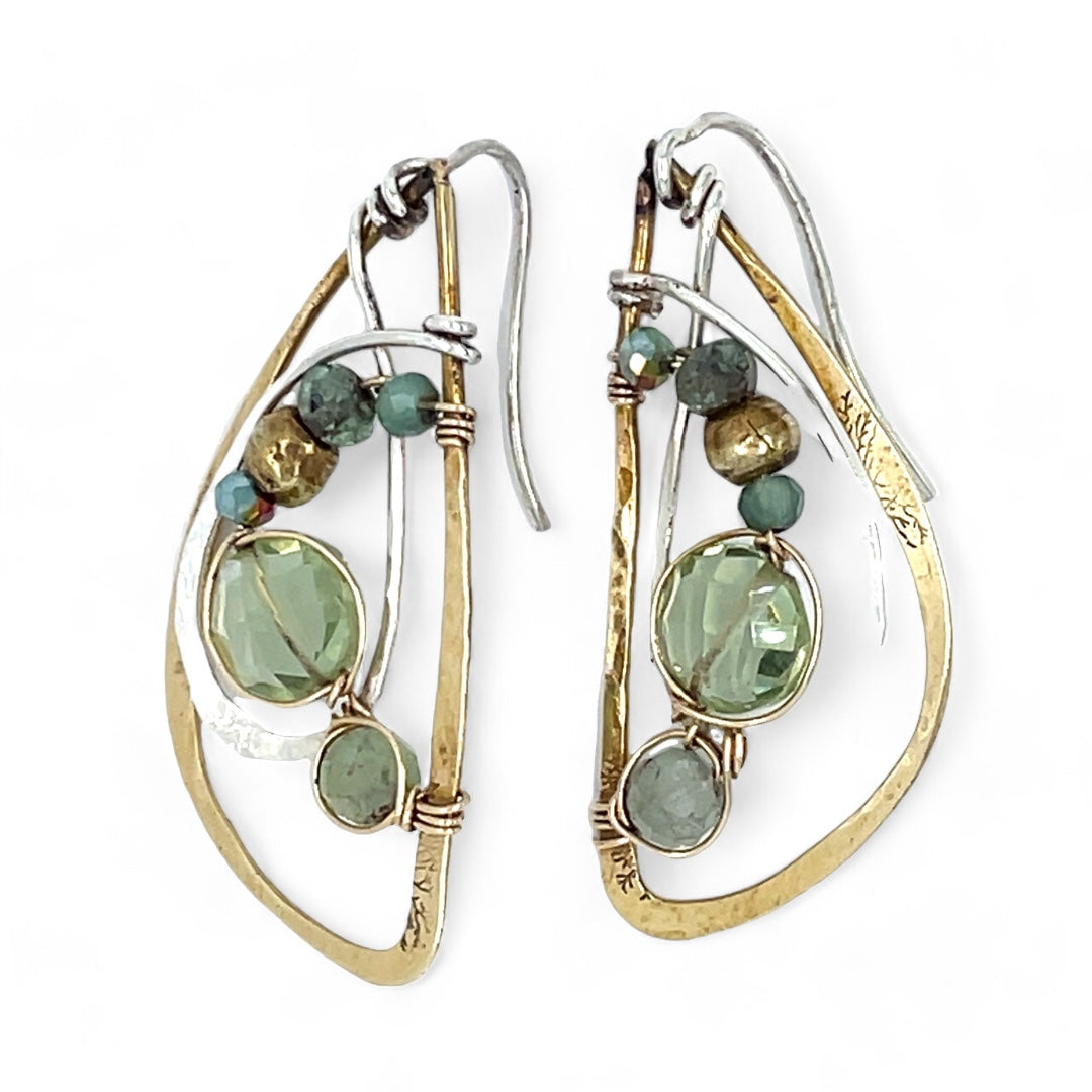 Tree stamped brass semi circle earrings embellished with green amethyst coins, prehnite, emerald, crystal, and african brass beads wrapped in gold filled wire with built in sterling silver earring hooks that wear like a post earring