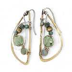 Tree stamped brass semi circle earrings embellished with green amethyst coins, prehnite, emerald, crystal, and african brass beads wrapped in gold filled wire with built in sterling silver earring hooks that wear like a post earring