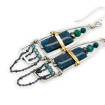 Apatite smooth rectangles topped with chrysocolla and pyrite gemstones held within a sterling silver earring with brass wire and satellite sterling silver oxidized dot chain accents