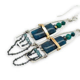 Apatite smooth rectangles topped with chrysocolla and pyrite gemstones held within a sterling silver earring with brass wire and satellite sterling silver oxidized dot chain accents