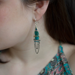 Apatite smooth rectangles topped with chrysocolla and pyrite gemstones held within a sterling silver earring with brass wire and satellite sterling silver oxidized dot chain accents