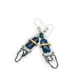 Apatite smooth rectangles topped with chrysocolla and pyrite gemstones held within a sterling silver earring with brass wire and satellite sterling silver oxidized dot chain accents