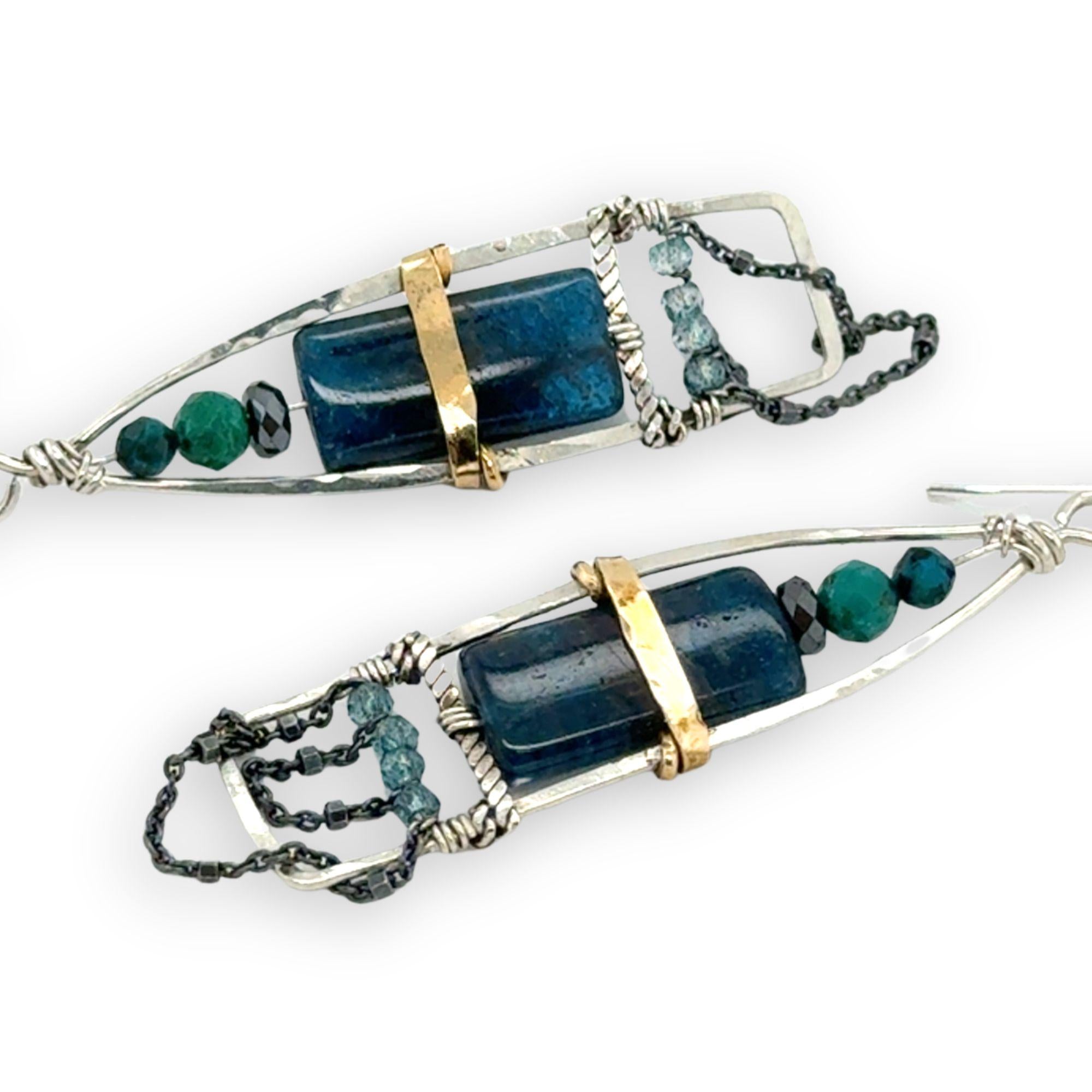 Apatite smooth rectangles topped with chrysocolla and pyrite gemstones held within a sterling silver earring with brass wire and satellite sterling silver oxidized dot chain accents