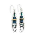 Apatite smooth rectangles topped with chrysocolla and pyrite gemstones held within a sterling silver earring with brass wire and satellite sterling silver oxidized dot chain accents