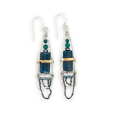 Apatite smooth rectangles topped with chrysocolla and pyrite gemstones held within a sterling silver earring with brass wire and satellite sterling silver oxidized dot chain accents