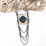 Turquoise tile held within layers of sterling silver wire suspended between lines of brass and oxidized sterling silver twist bars. Side pieces include blue quartz, chrysocolla, and pyrite gemstones, Oxidized sterling silver satellite dot chain chandelier bottom