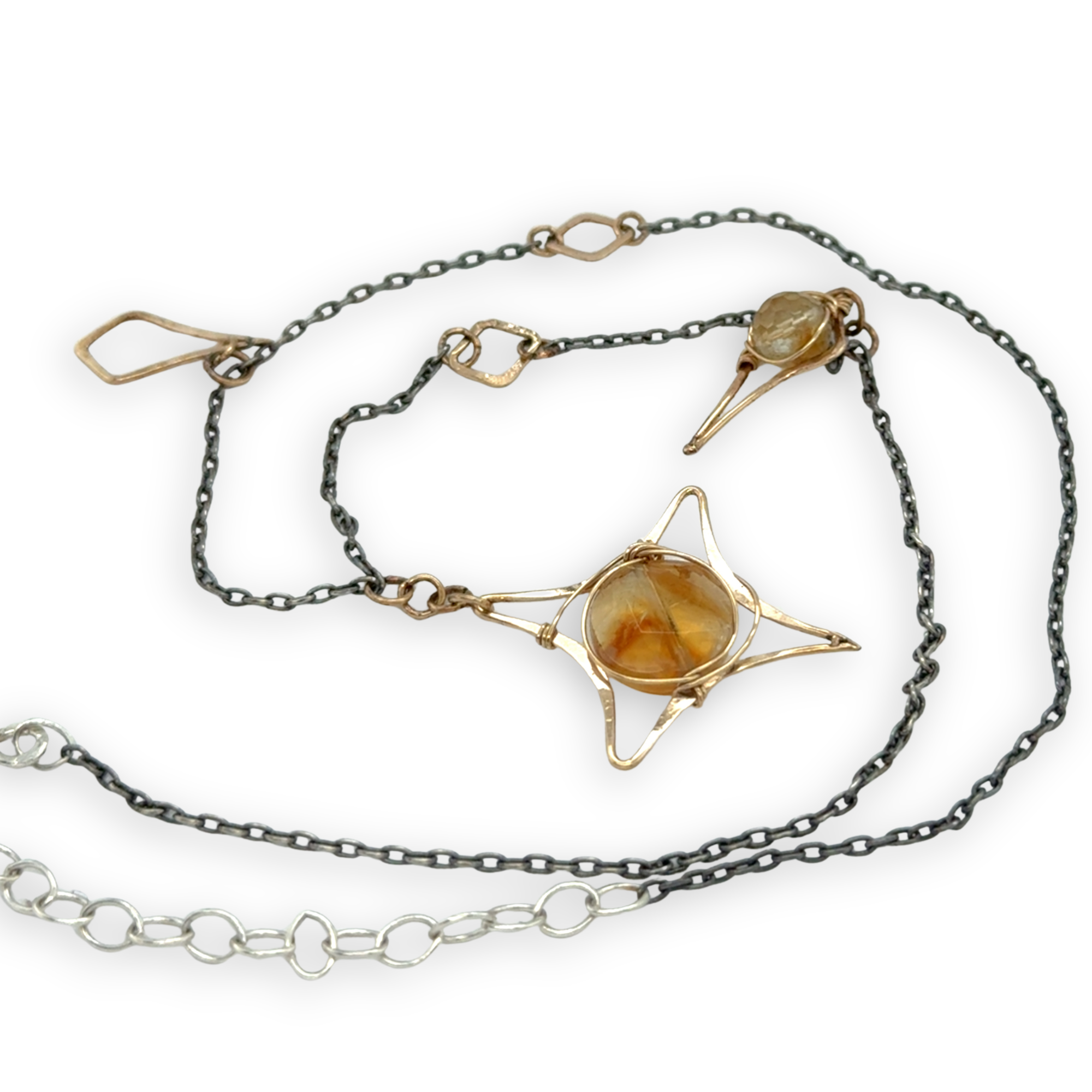 Oxidized sterling silver chain and gold filled star charm necklace with citrine faceted orb gemstones necklace