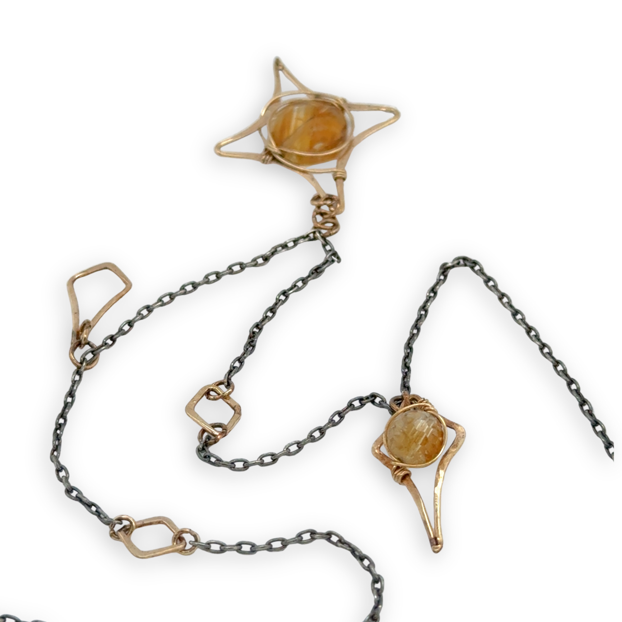 Oxidized sterling silver chain and gold filled star charm necklace with citrine faceted orb gemstones necklace