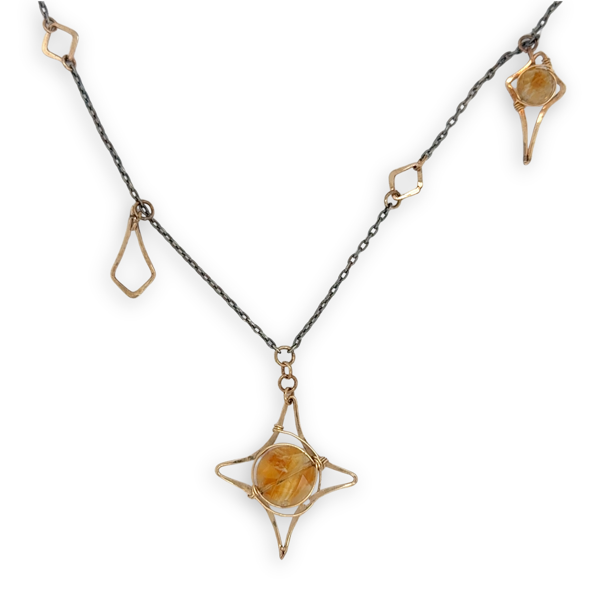 Oxidized sterling silver chain and gold filled star charm necklace with citrine faceted orb gemstones necklace