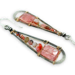Tall, darkened sterling teardrop-shaped earrings with cherry quartz faceted rectangles, pink opal. and crystal gemstones