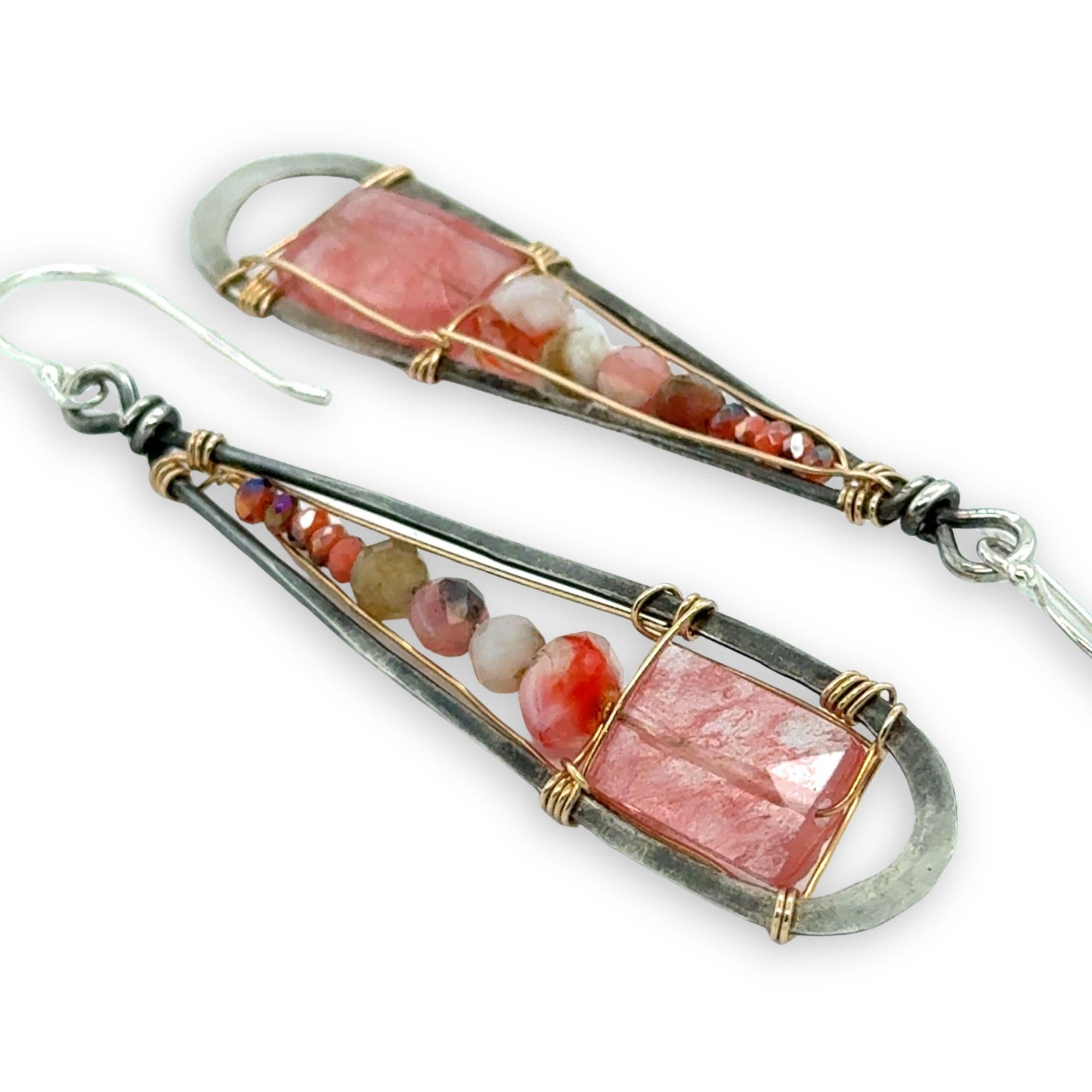 Tall, darkened sterling teardrop-shaped earrings with cherry quartz faceted rectangles, pink opal. and crystal gemstones