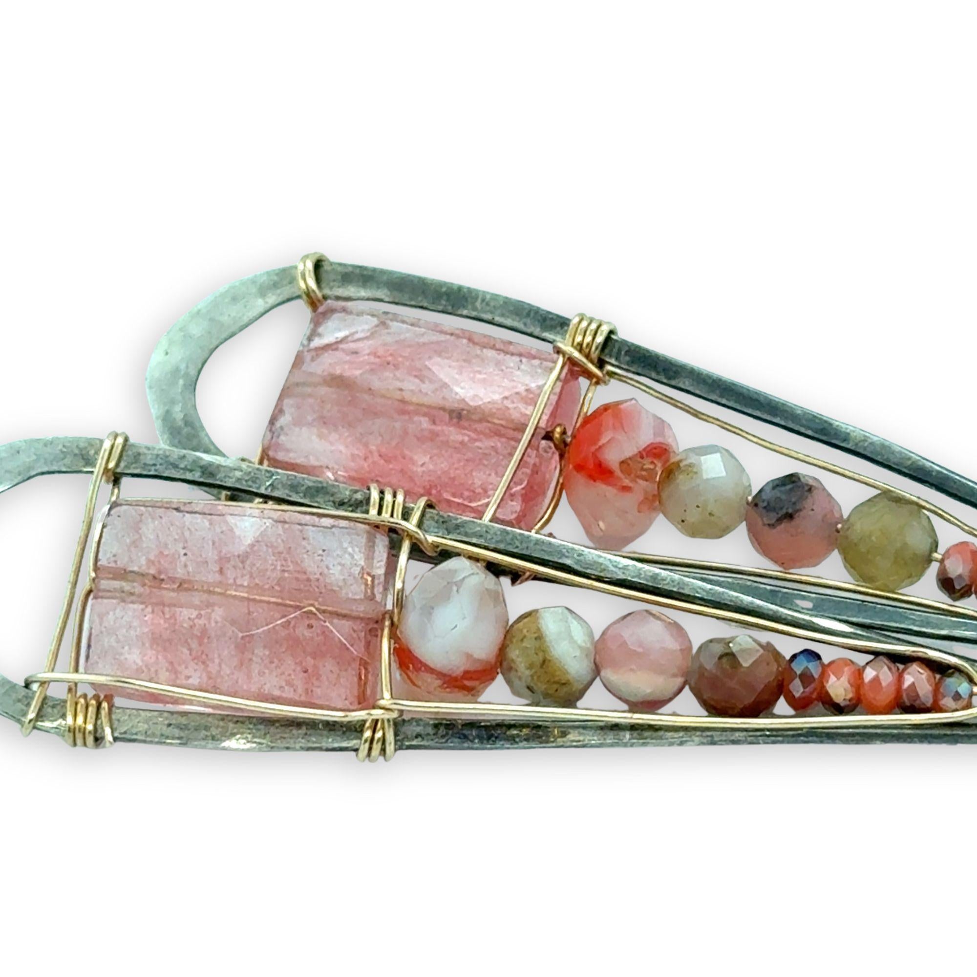 Tall, darkened sterling teardrop-shaped earrings with cherry quartz faceted rectangles, pink opal. and crystal gemstones