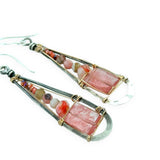 Tall, darkened sterling teardrop-shaped earrings with cherry quartz faceted rectangles, pink opal. and crystal gemstones