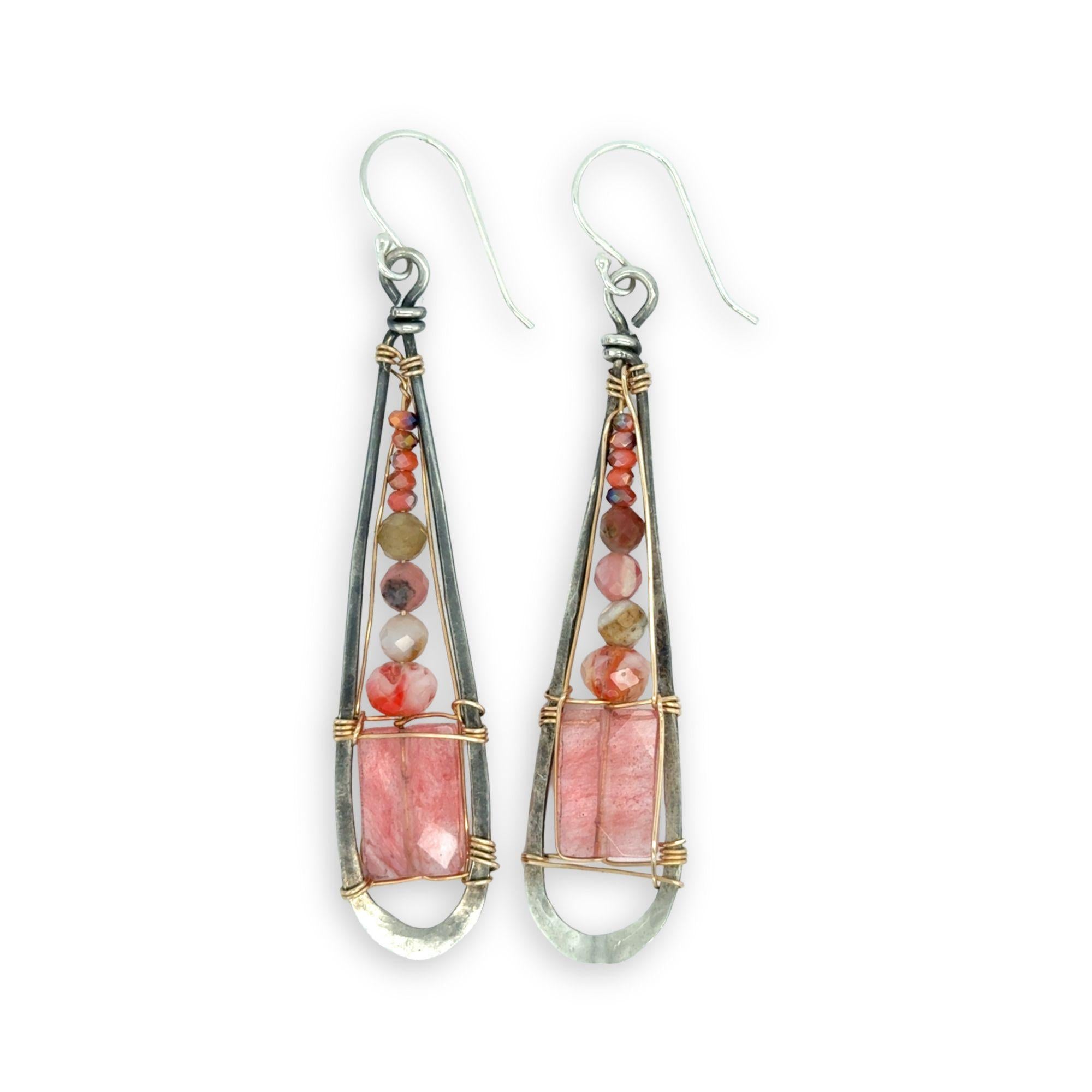 Tall, darkened sterling teardrop-shaped earrings with cherry quartz faceted rectangles, pink opal. and crystal gemstones