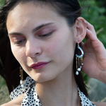 A pair of sterling silver oxidized lead stamped cloud-shaped earrings with white sapphire faceted drops fresh water pearls hanging from gold-filled crinkle chains