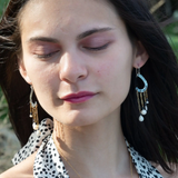 A pair of sterling silver oxidized lead stamped cloud-shaped earrings with white sapphire faceted drops fresh water pearls hanging from gold-filled crinkle chains
