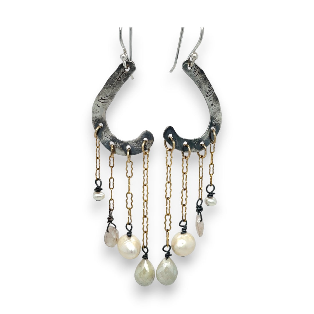 A pair of sterling silver oxidized lead stamped cloud-shaped earrings with white sapphire faceted drops fresh water pearls hanging from gold-filled crinkle chains