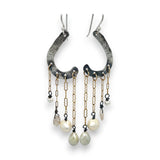 A pair of sterling silver oxidized lead stamped cloud-shaped earrings with white sapphire faceted drops fresh water pearls hanging from gold-filled crinkle chains