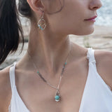 A mini sterling silver drop pendant with amazonite and pyrite gemstones in gold filled wire on a dainty sterling silver chain with oxidized sterling crinkle chain accent necklace