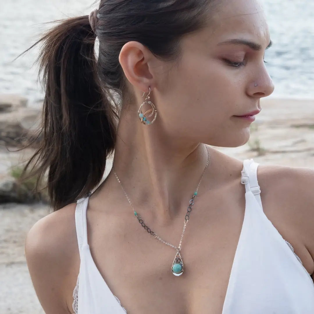 A mini sterling silver drop pendant with amazonite and pyrite gemstones in gold filled wire on a dainty sterling silver chain with oxidized sterling crinkle chain accent necklace