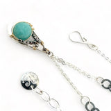 A mini sterling silver drop pendant with amazonite and pyrite gemstones in gold filled wire on a dainty sterling silver chain with oxidized sterling crinkle chain accent necklace