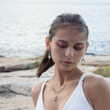 Mint colored chalcedony marquise gemstones accented with turquoise inside a tiny brass hammered marquise earring on hammered sterling silver ring earrings