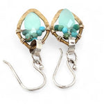 Mint colored chalcedony marquise gemstones accented with turquoise inside a tiny brass hammered marquise earring on hammered sterling silver ring earrings