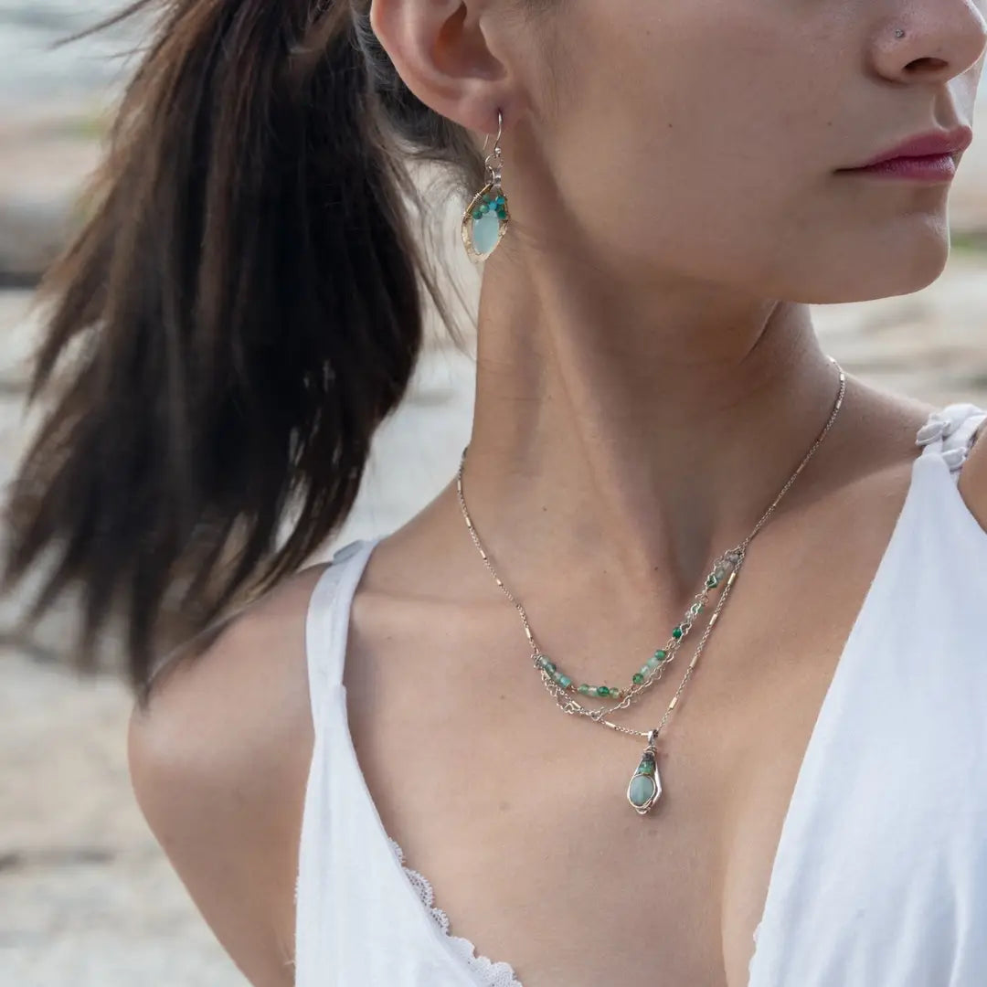 Mint colored chalcedony marquise gemstones accented with turquoise inside a tiny brass hammered marquise earring on hammered sterling silver ring earrings