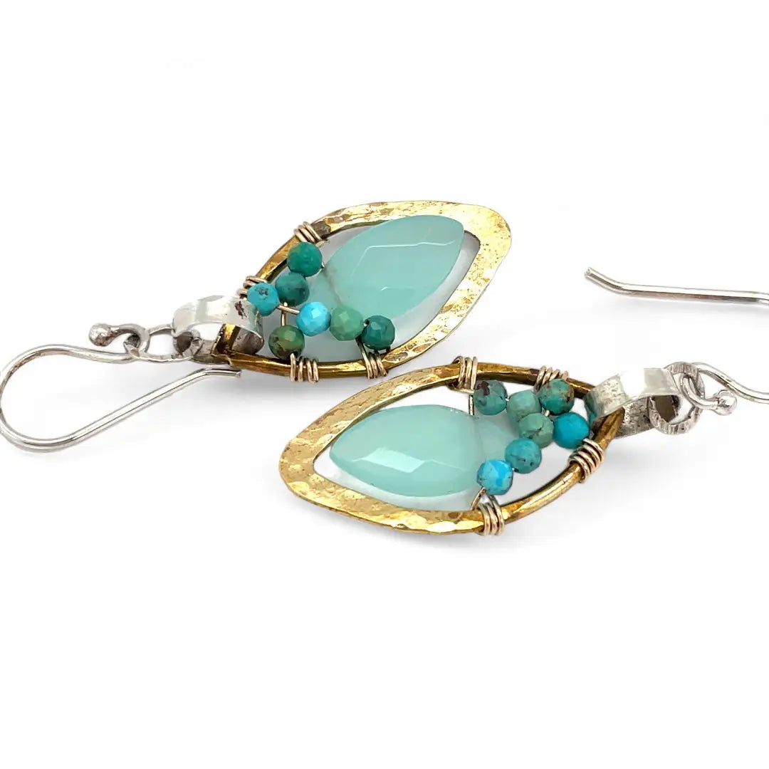 Mint colored chalcedony marquise gemstones accented with turquoise inside a tiny brass hammered marquise earring on hammered sterling silver ring earrings
