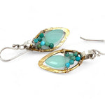 Mint colored chalcedony marquise gemstones accented with turquoise inside a tiny brass hammered marquise earring on hammered sterling silver ring earrings
