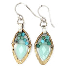 Mint colored chalcedony marquise gemstones accented with turquoise inside a tiny brass hammered marquise earring on hammered sterling silver ring earrings