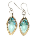 Mint colored chalcedony marquise gemstones accented with turquoise inside a tiny brass hammered marquise earring on hammered sterling silver ring earrings