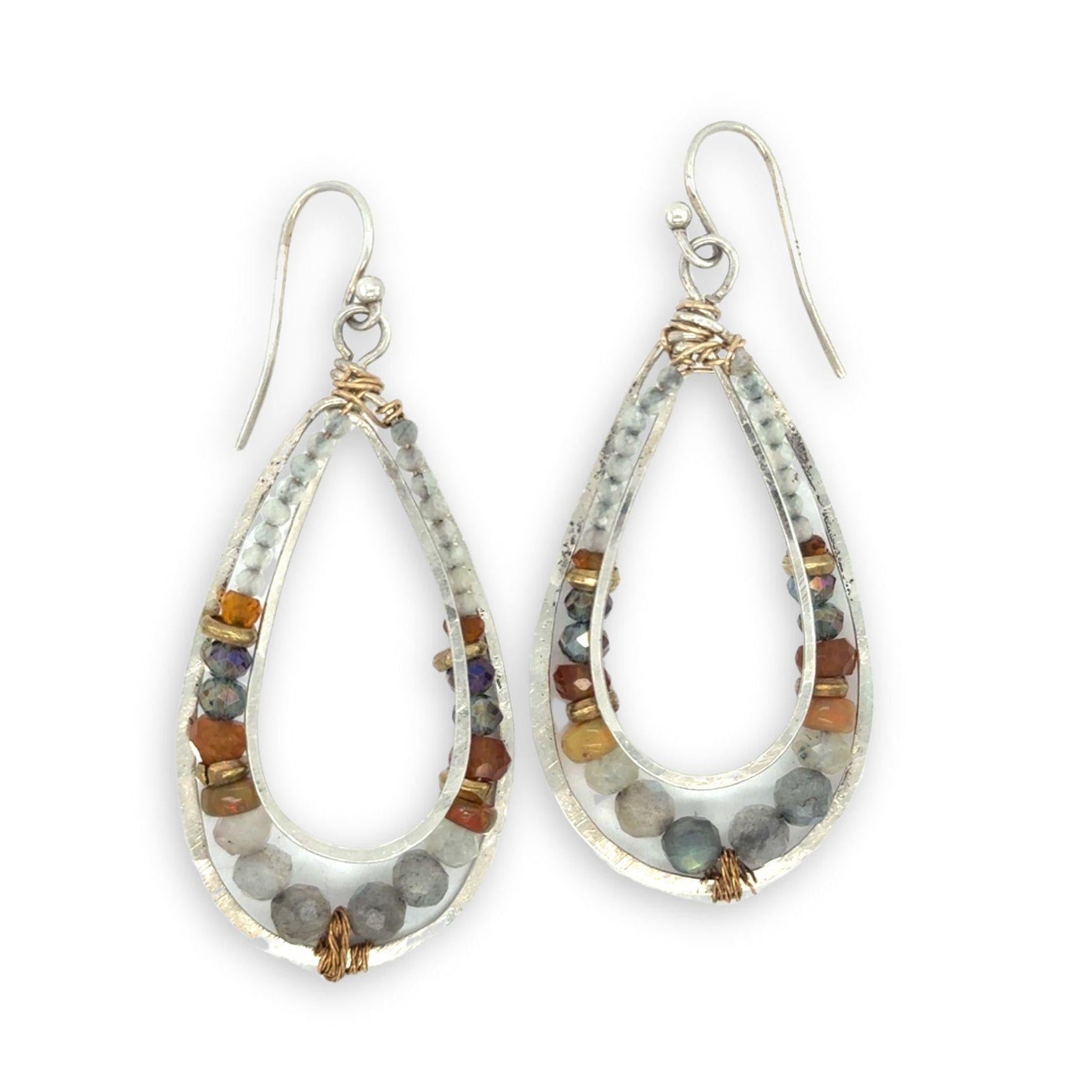 Labradorite, citrine, hessonite garnet, prehnite, and crystal gemstones are held within the channel of handmade sterling silver channel drop earrings