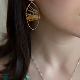 Citrine nuggets held in a bronze marquise earring frame accompanied by gold filled wire, rutilated quartz gemstones, and gold filled satellite chain