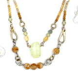 smooth prehnite, opal, green amethyst and mookaite gemstones form the inner layer while the outside is made up of faceted citrine orbs, brass hammered teardrops, and mookaite ombre gemstones necklace